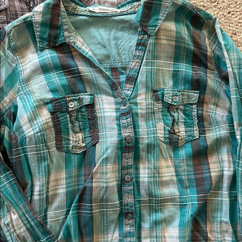Maurice’s button up LOT! 2x plus size plaid red black grey turquoise teal - Picture 2 of 7